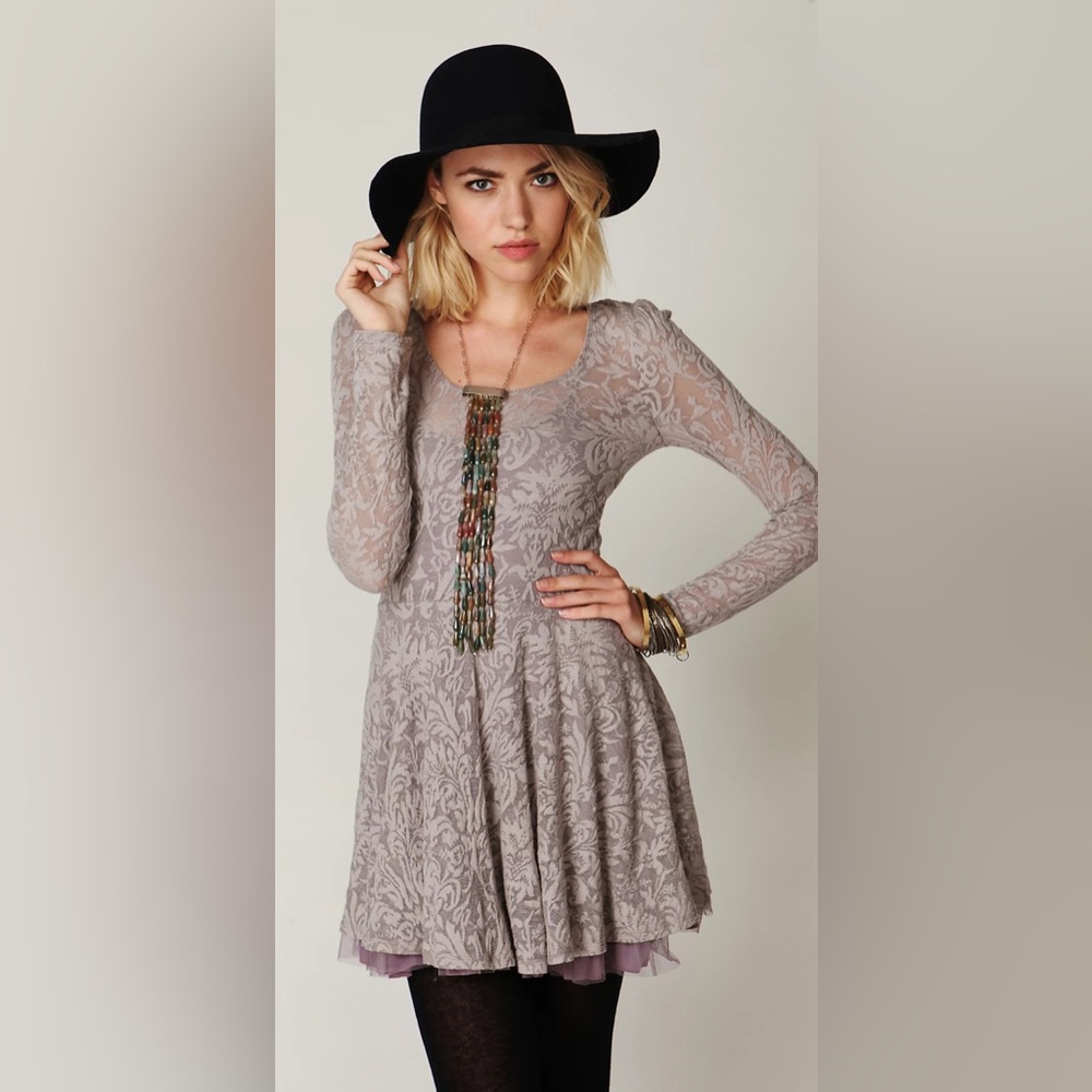 Free people floral lace fit and flare dress grey & purple size XS